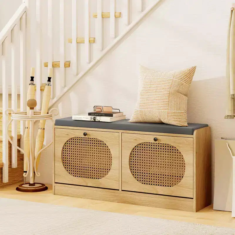 Costway Shoe Storage Bench with Cushion 2 Flip-over Doors & Adjustable Shelves