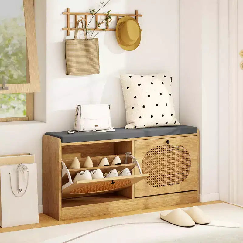 Costway Shoe Storage Bench with Cushion 2 Flip-over Doors & Adjustable Shelves