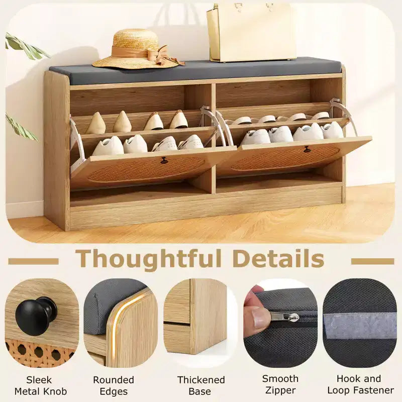 Costway Shoe Storage Bench with Cushion 2 Flip-over Doors & Adjustable Shelves