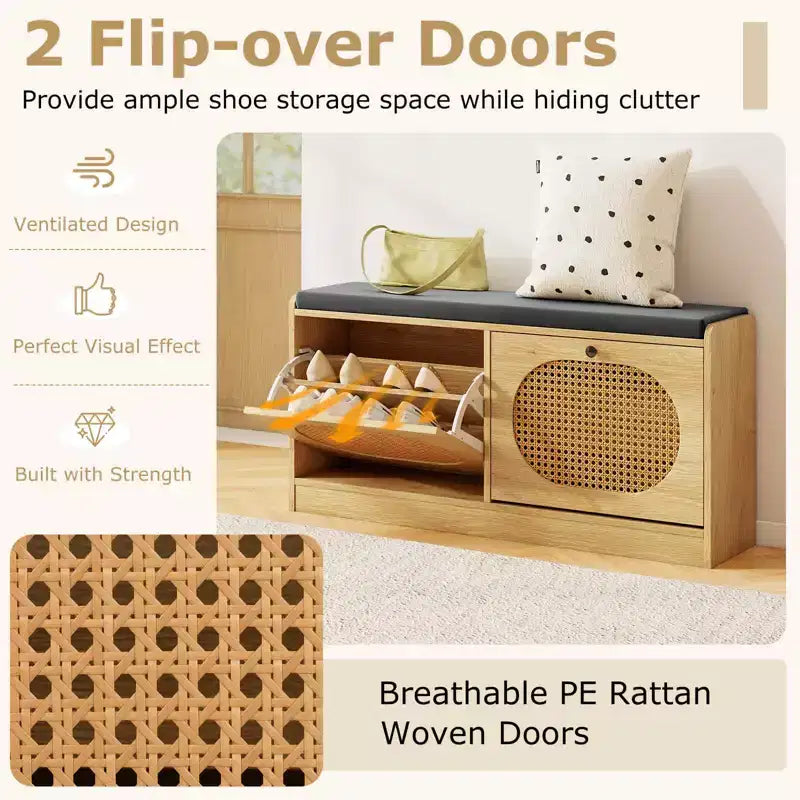 Costway Shoe Storage Bench with Cushion 2 Flip-over Doors & Adjustable Shelves
