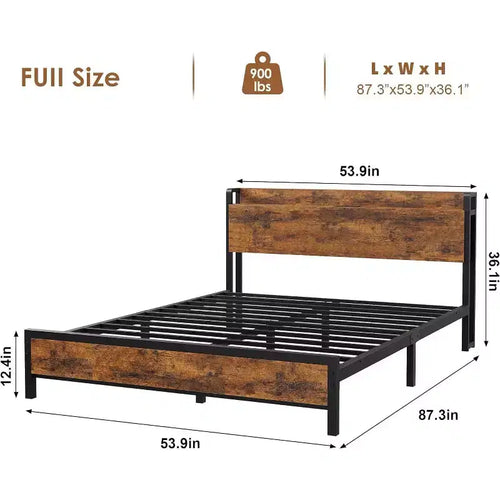 Cadre de lit plateforme King Size  avec rangement, station de charge USB, cadre en métal industriel, tête de lit en bois, pas besoin de sommier tapissier