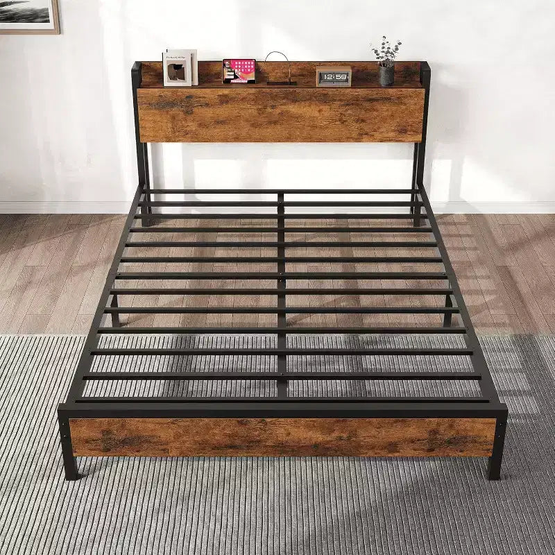 Acekool King Size Platform Bed Frame with Storage, USB Charging Station, Industrial Metal Frame, Wood Headboard, No Box Spring Needed