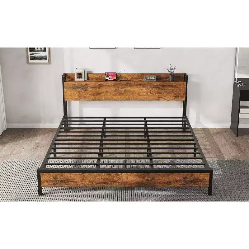 Acekool King Size Platform Bed Frame with Storage, USB Charging Station, Industrial Metal Frame, Wood Headboard, No Box Spring Needed