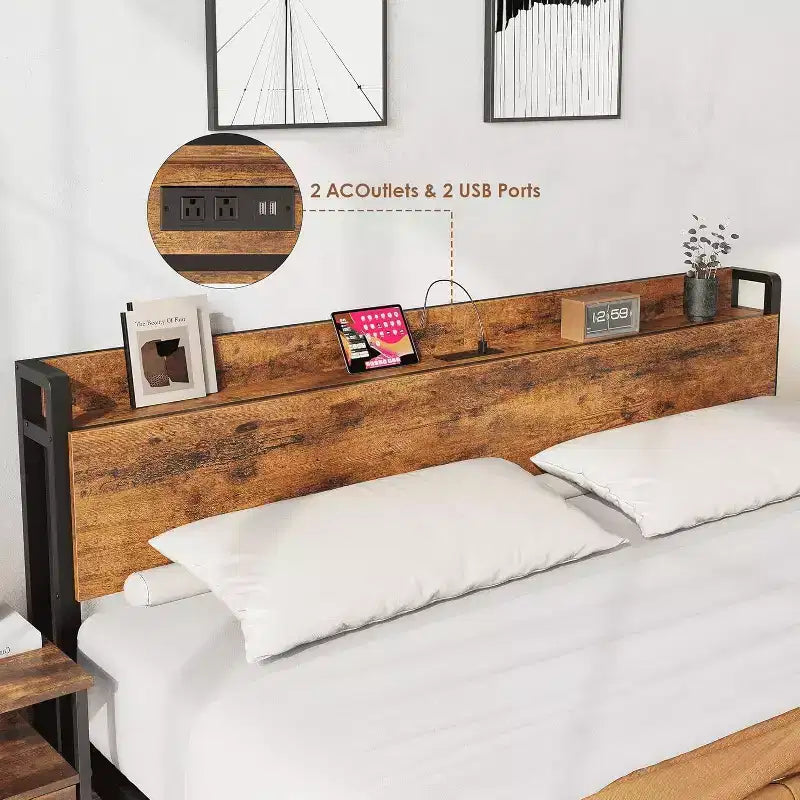 Acekool King Size Platform Bed Frame with Storage, USB Charging Station, Industrial Metal Frame, Wood Headboard, No Box Spring Needed