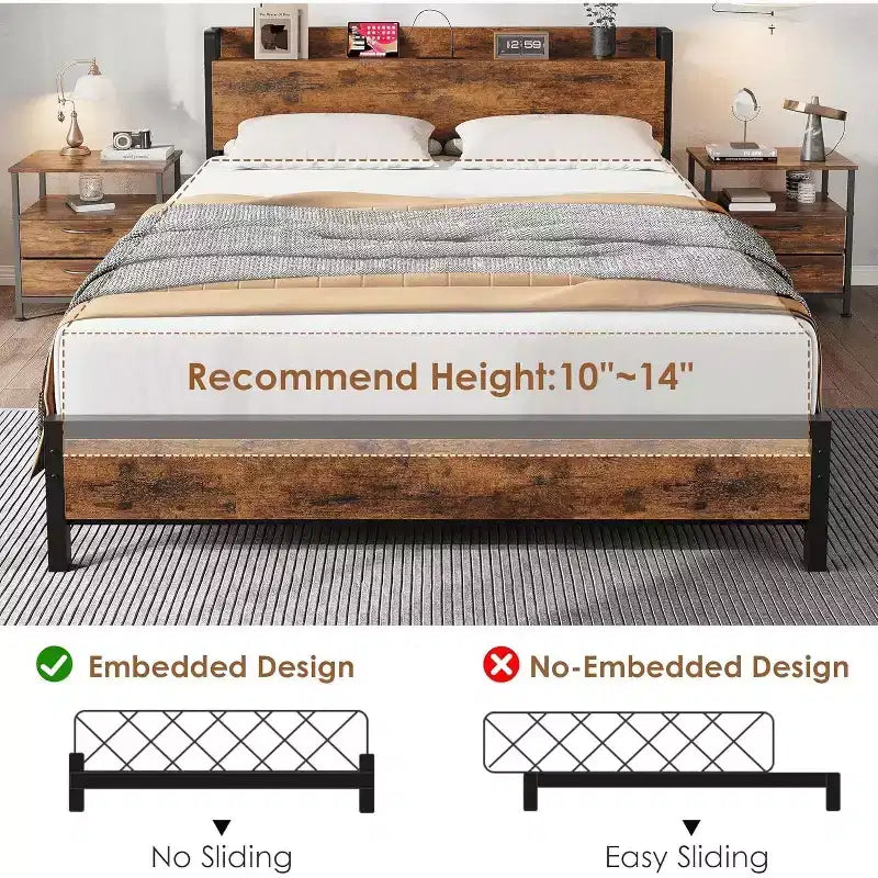 Acekool King Size Platform Bed Frame with Storage, USB Charging Station, Industrial Metal Frame, Wood Headboard, No Box Spring Needed