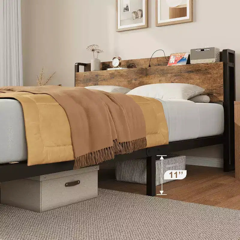 Acekool King Size Platform Bed Frame with Storage, USB Charging Station, Industrial Metal Frame, Wood Headboard, No Box Spring Needed
