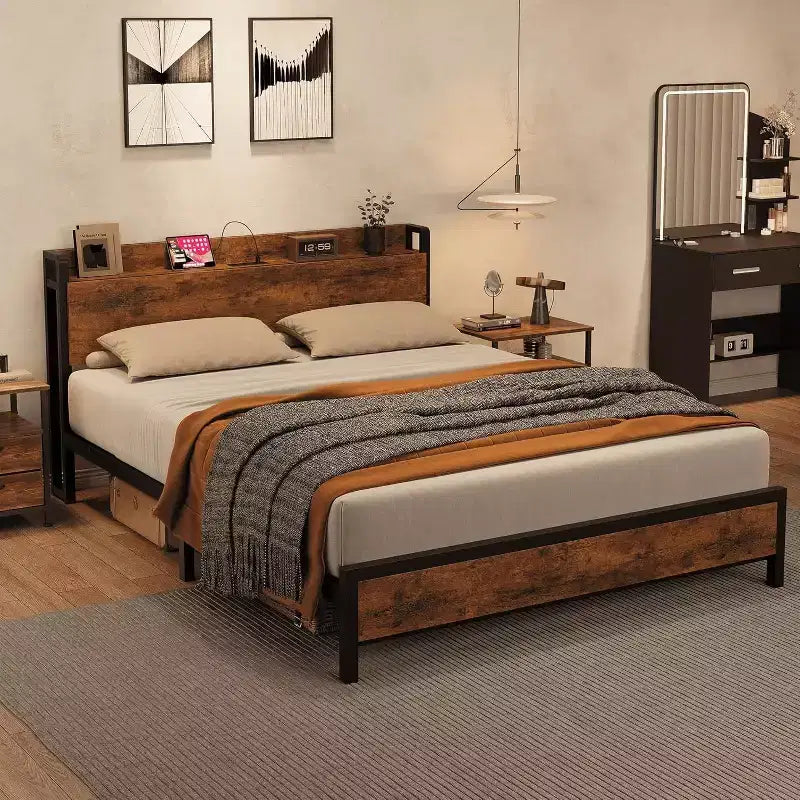 Acekool King Size Platform Bed Frame with Storage, USB Charging Station, Industrial Metal Frame, Wood Headboard, No Box Spring Needed