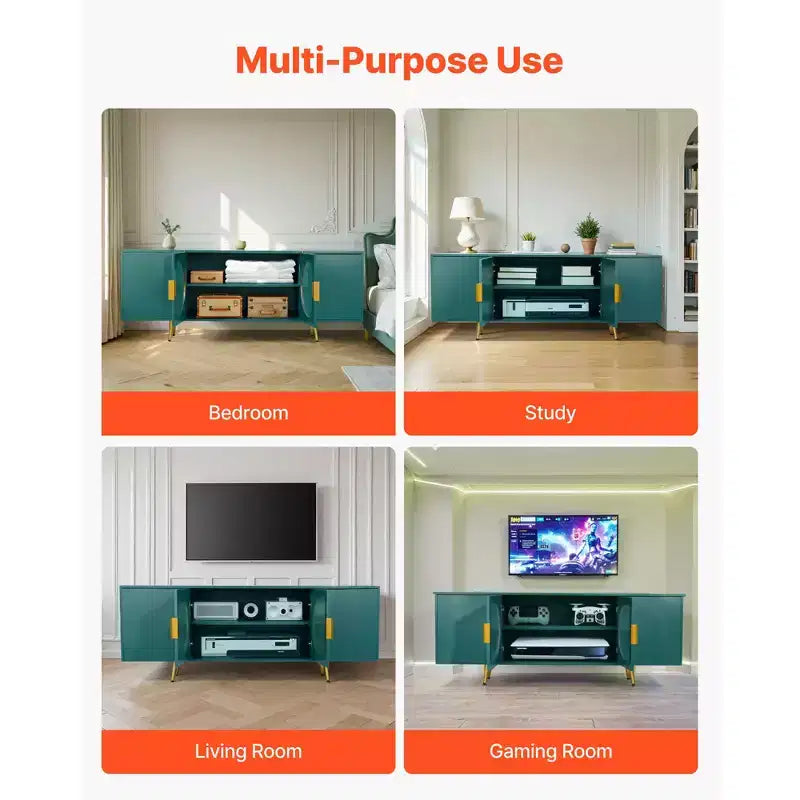 VEVOR TV Stand for TVs up to 75 inch, Modern Entertainment Center with Glass Doors and Gold Legs, TV Cabinet Storage with Adjustable Shelves, Green