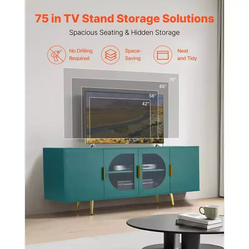 VEVOR TV Stand for TVs up to 75 inch, Modern Entertainment Center with Glass Doors and Gold Legs, TV Cabinet Storage with Adjustable Shelves, Green