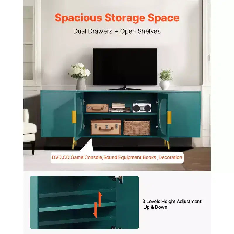 VEVOR TV Stand for TVs up to 75 inch, Modern Entertainment Center with Glass Doors and Gold Legs, TV Cabinet Storage with Adjustable Shelves, Green