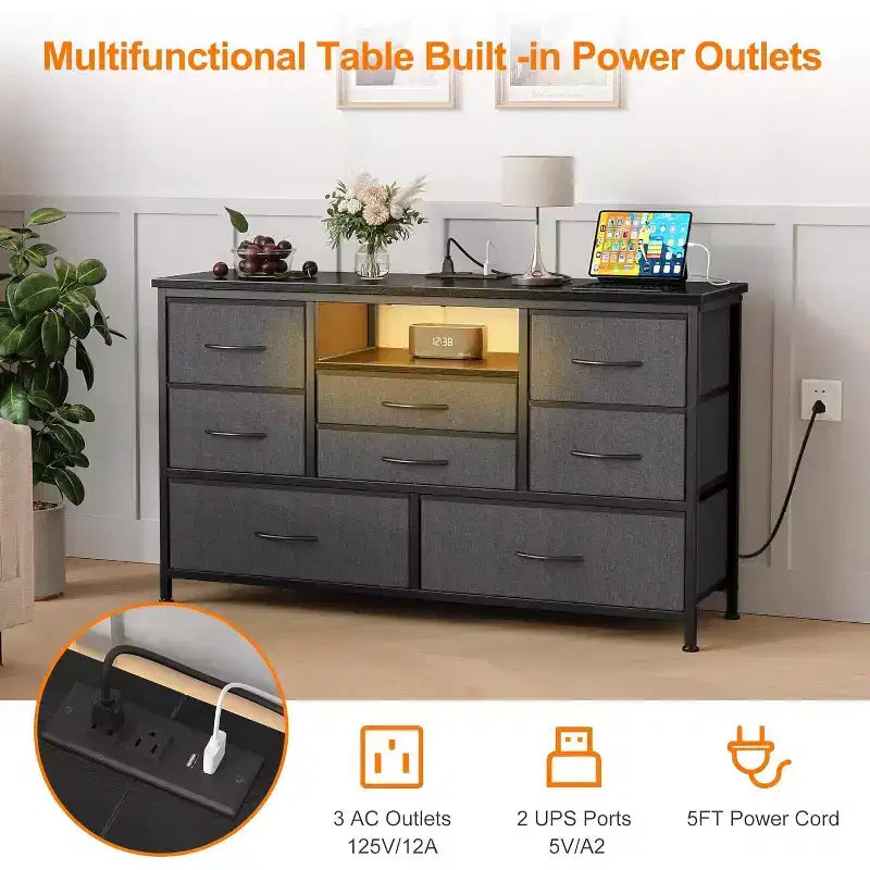 COZONY 8-Drawer TV Stand Dresser 47 Wide - Spacious Storage Chest with Power Outlets for Bedroom, Living Room & Entryway