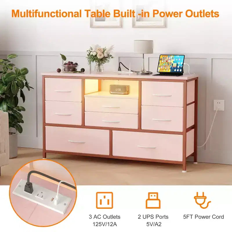 COZONY 8-Drawer TV Stand Dresser 47 Wide - Spacious Storage Chest with Power Outlets for Bedroom, Living Room & Entryway