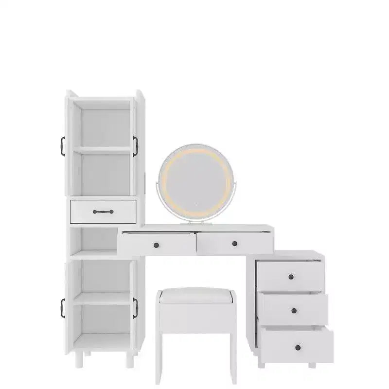 Combined storage cabinet dressing set with 4 doors and 6 drawers, featuring white linen particleboard paired with triamide