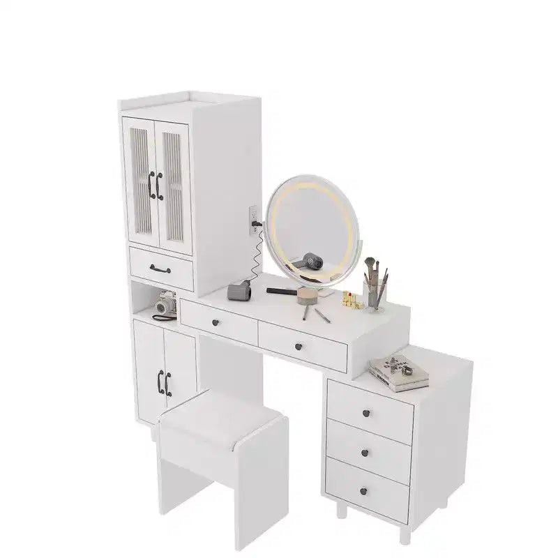Combined storage cabinet dressing set with 4 doors and 6 drawers, featuring white linen particleboard paired with triamide