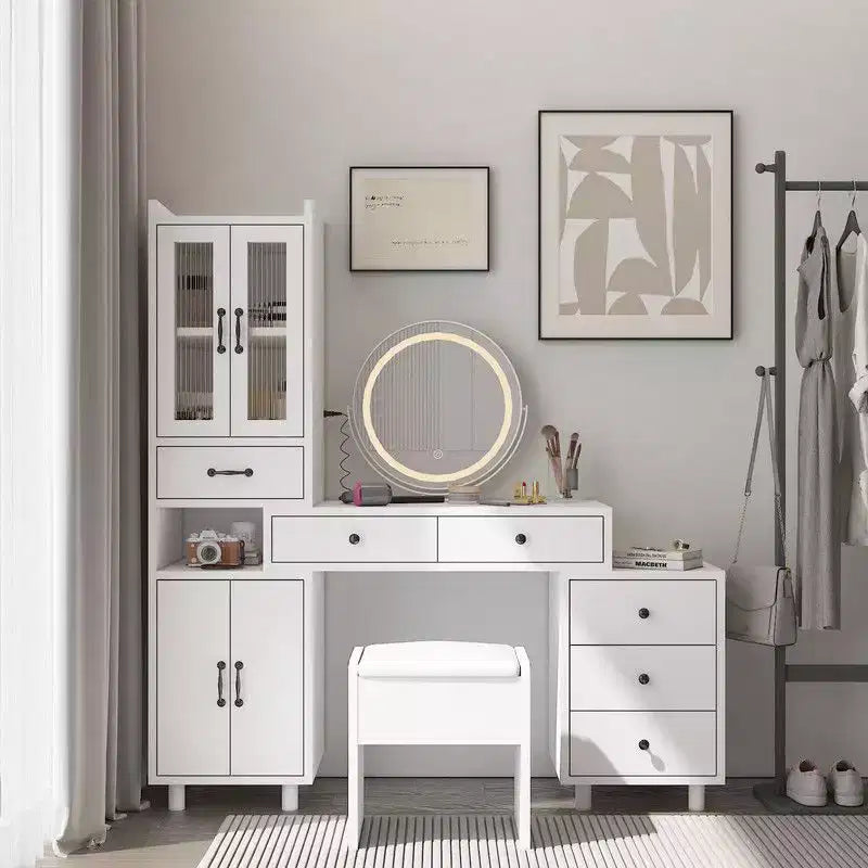 Combined storage cabinet dressing set with 4 doors and 6 drawers, featuring white linen particleboard paired with triamide