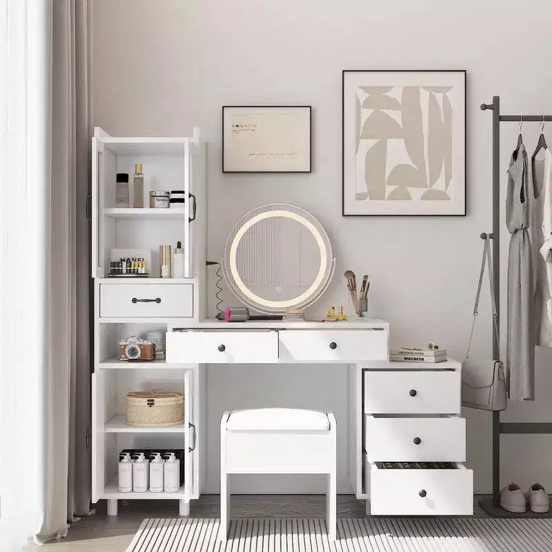 Combined storage cabinet dressing set with 4 doors and 6 drawers, featuring white linen particleboard paired with triamide