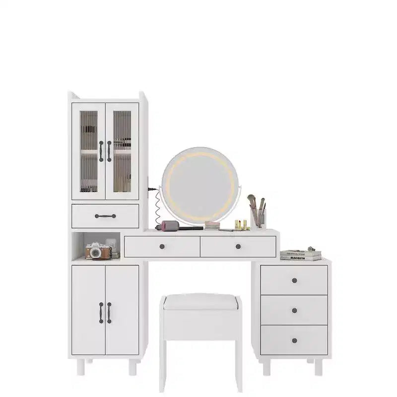 Combined storage cabinet dressing set with 4 doors and 6 drawers, featuring white linen particleboard paired with triamide