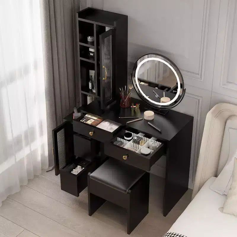 Black Linen Particle Board 4-Door 6-Drawer LED Three-Color Mirror Dresser Set with Interchangeable Left and Right Drawer Compartments