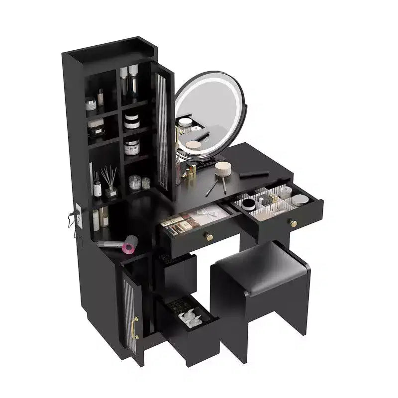 Black Linen Particle Board 4-Door 6-Drawer LED Three-Color Mirror Dresser Set with Interchangeable Left and Right Drawer Compartments