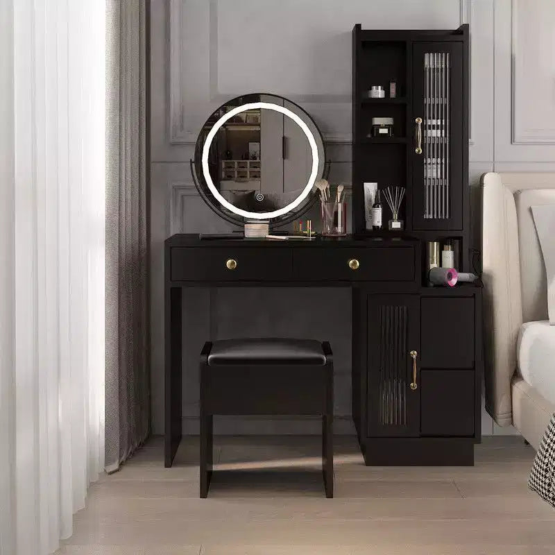 Black Linen Particle Board 4-Door 6-Drawer LED Three-Color Mirror Dresser Set with Interchangeable Left and Right Drawer Compartments