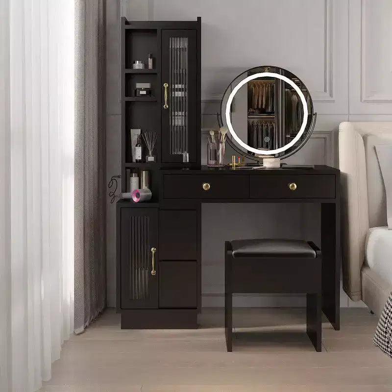 Black Linen Particle Board 4-Door 6-Drawer LED Three-Color Mirror Dresser Set with Interchangeable Left and Right Drawer Compartments