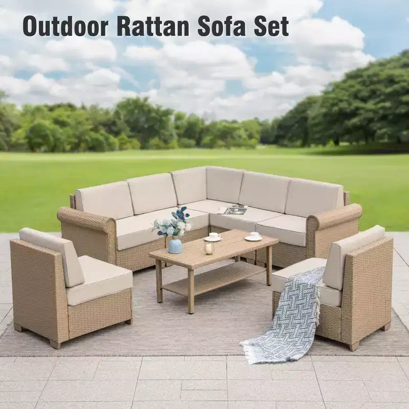Captiva Designs – Salon de jardin sectionnel grand format en osier avec coussins