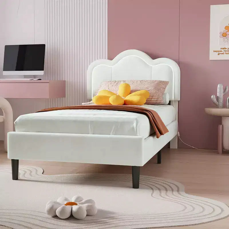 COZONY Kids Platform Bed with LED Neon Lights  Mountain-Shaped Upholstered Headboard for Boys & Girls Bedroom, Modern Childrens Furniture, White