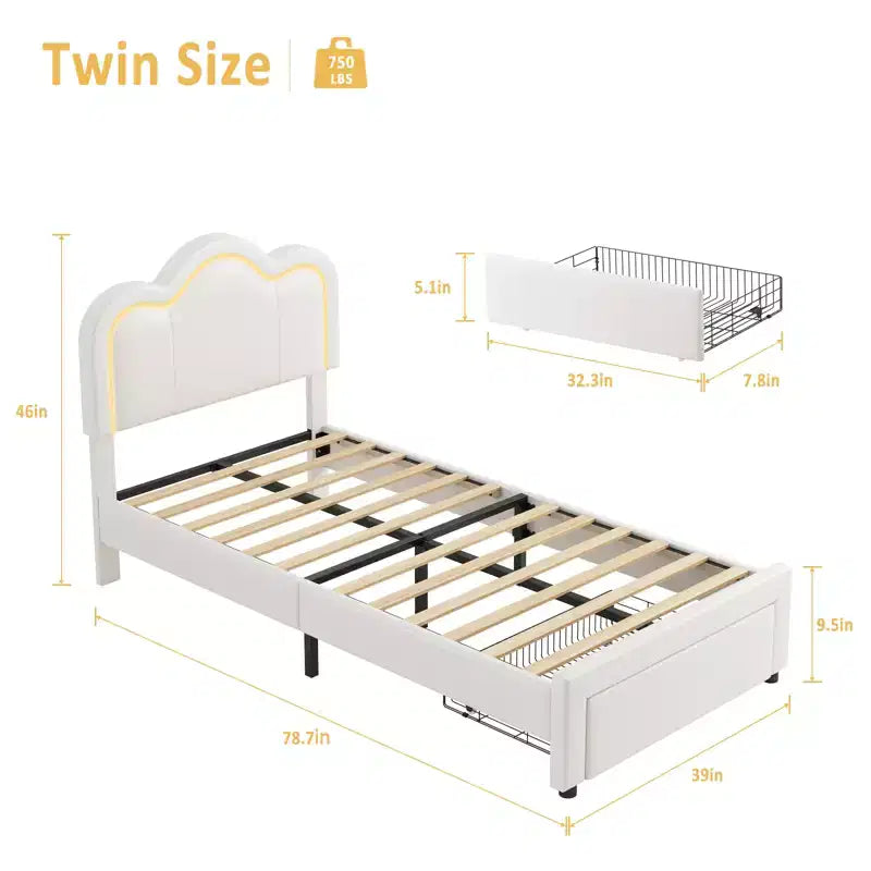 COZONY Kids Platform Bed with LED Neon Lights  Mountain-Shaped Upholstered Headboard for Boys & Girls Bedroom, Modern Childrens Furniture, White