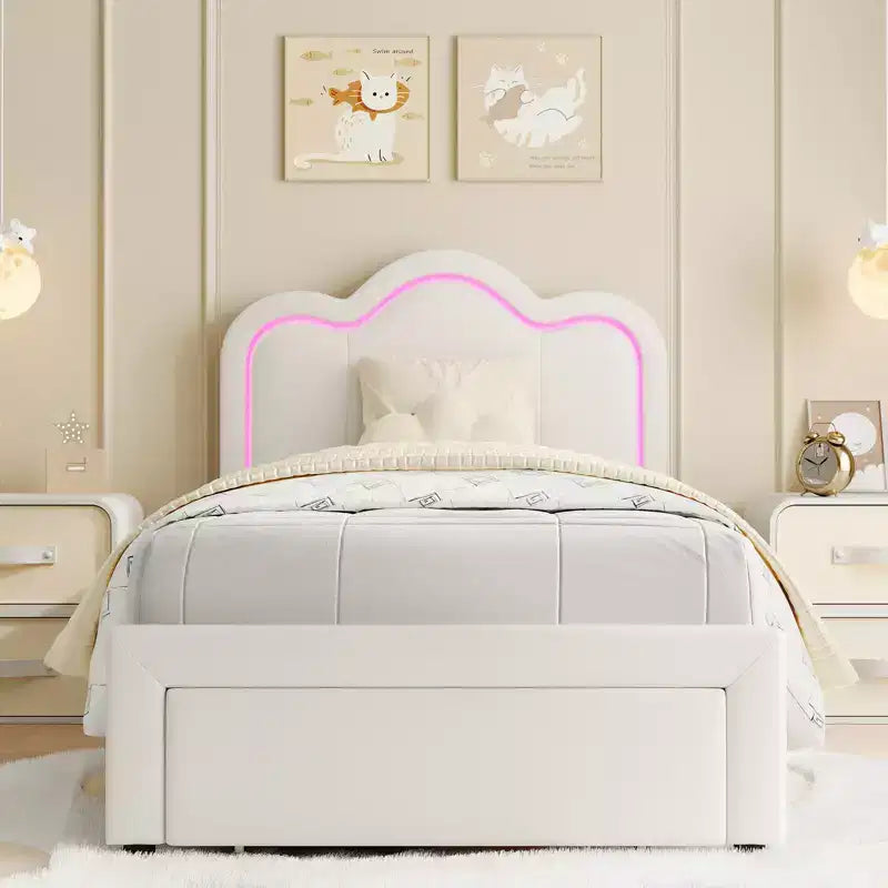 COZONY Kids Platform Bed with LED Neon Lights  Mountain-Shaped Upholstered Headboard for Boys & Girls Bedroom, Modern Childrens Furniture, White