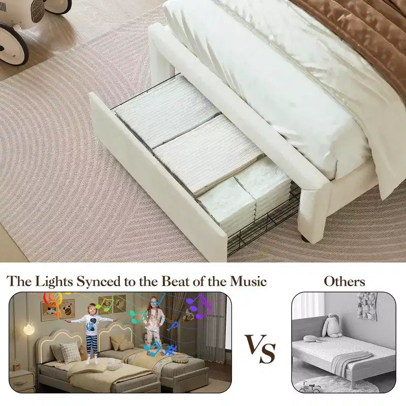 COZONY Kids Platform Bed with LED Neon Lights  Mountain-Shaped Upholstered Headboard for Boys & Girls Bedroom, Modern Childrens Furniture, White