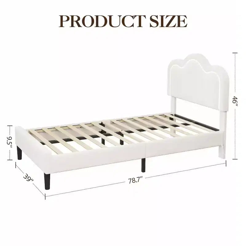 COZONY Kids Platform Bed with LED Neon Lights  Mountain-Shaped Upholstered Headboard for Boys & Girls Bedroom, Modern Childrens Furniture, White