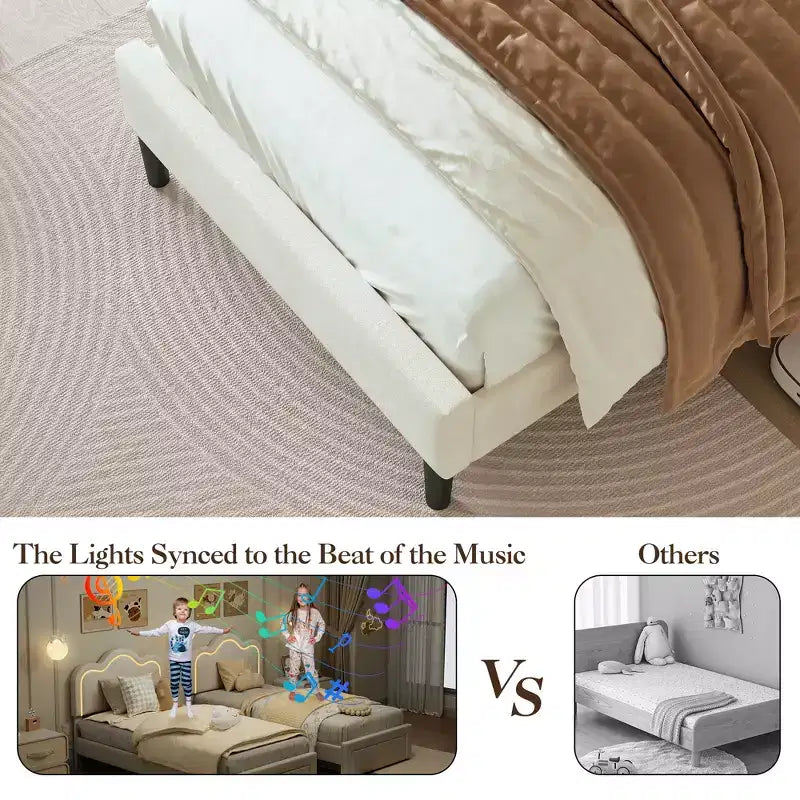 COZONY Kids Platform Bed with LED Neon Lights  Mountain-Shaped Upholstered Headboard for Boys & Girls Bedroom, Modern Childrens Furniture, White