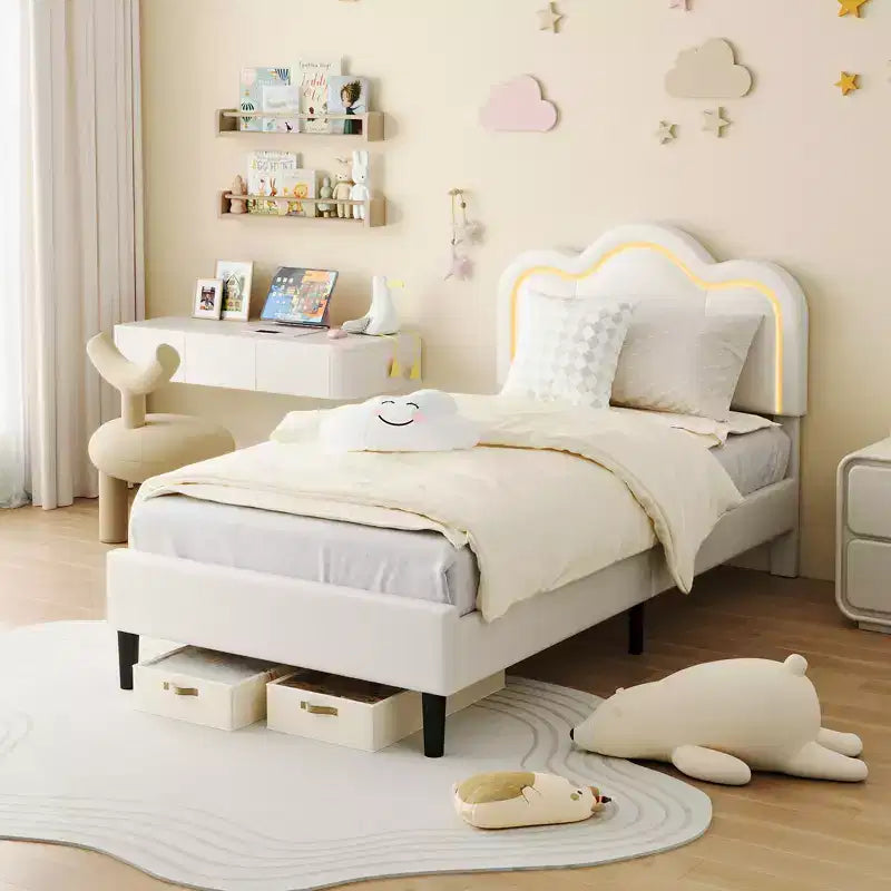 COZONY Kids Platform Bed with LED Neon Lights  Mountain-Shaped Upholstered Headboard for Boys & Girls Bedroom, Modern Childrens Furniture, White