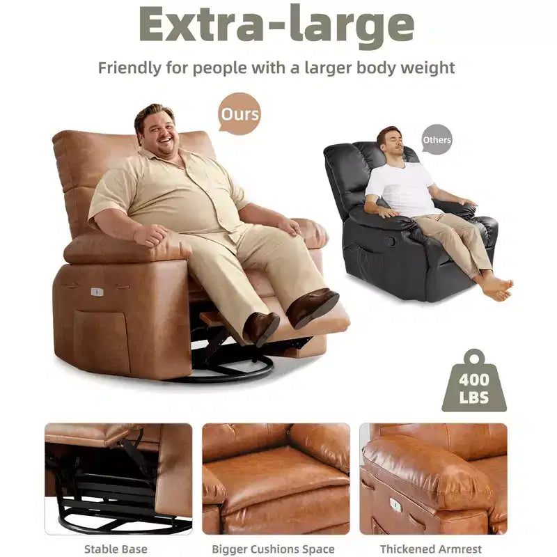Oversized Rocker Swivel Recliner Chair, Faux PU Leather Manual Recliner with Comfort Arm and Back, Single Sofa Seat for Living Room, Bedroom