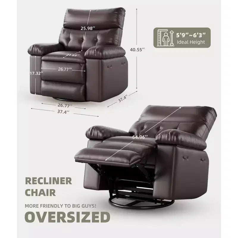Oversized Rocker Swivel Recliner Chair, Faux PU Leather Manual Recliner with Comfort Arm and Back, Single Sofa Seat for Living Room, Bedroom