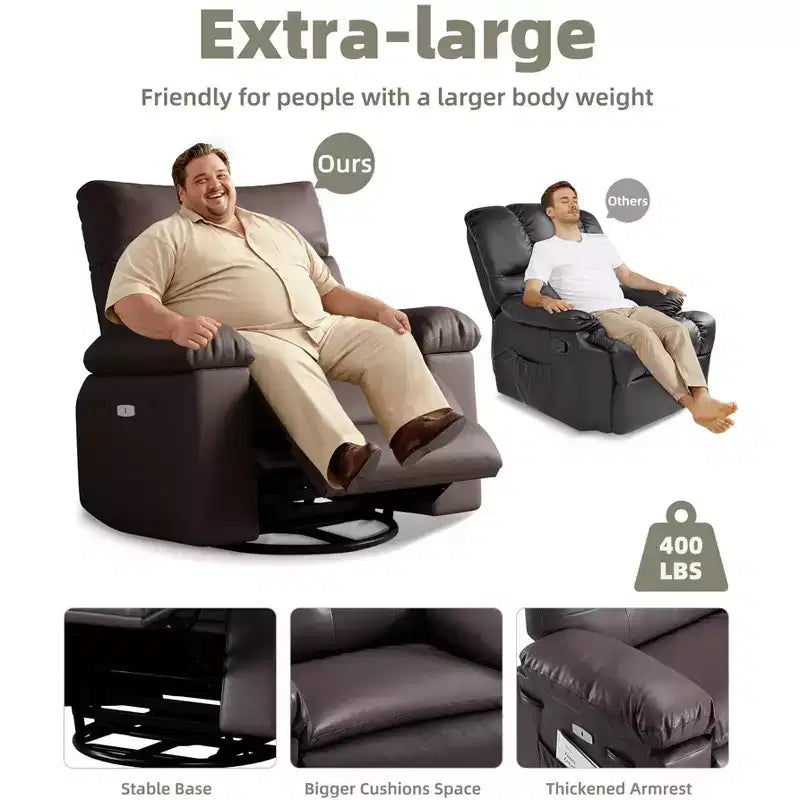 Oversized Rocker Swivel Recliner Chair, Faux PU Leather Manual Recliner with Comfort Arm and Back, Single Sofa Seat for Living Room, Bedroom