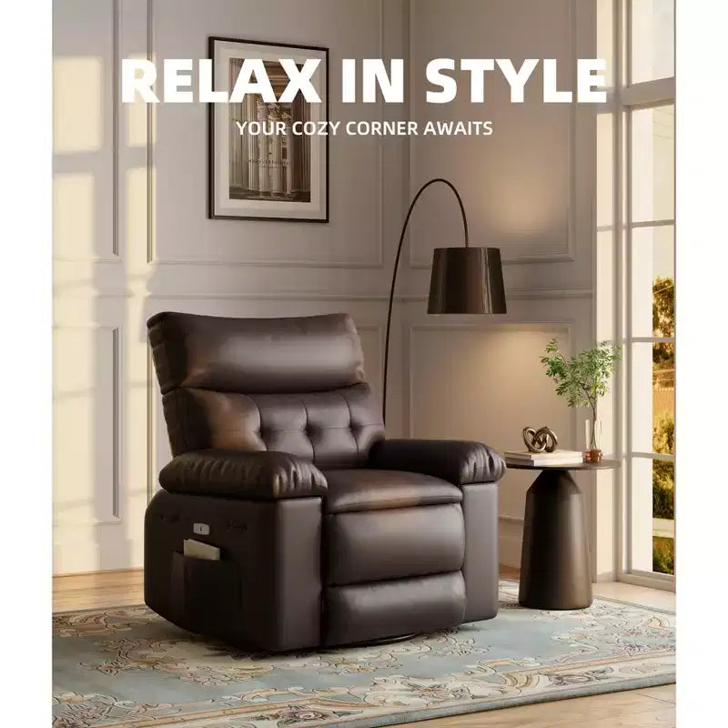 Oversized Rocker Swivel Recliner Chair, Faux PU Leather Manual Recliner with Comfort Arm and Back, Single Sofa Seat for Living Room, Bedroom