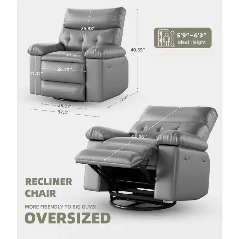 Oversized Rocker Swivel Recliner Chair, Faux PU Leather Manual Recliner with Comfort Arm and Back, Single Sofa Seat for Living Room, Bedroom