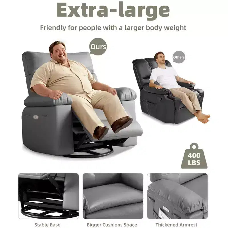 Oversized Rocker Swivel Recliner Chair, Faux PU Leather Manual Recliner with Comfort Arm and Back, Single Sofa Seat for Living Room, Bedroom