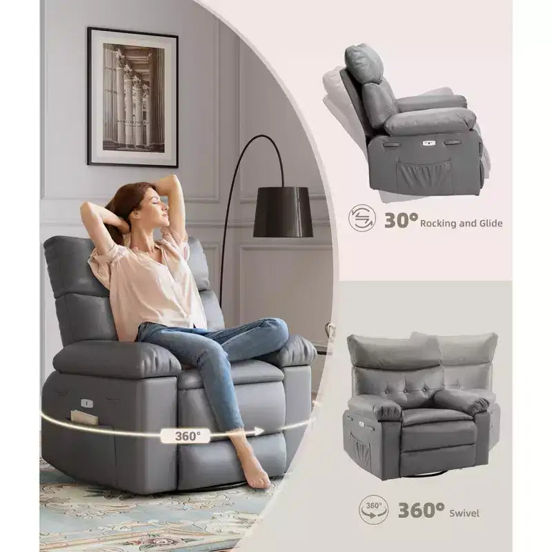 Oversized Rocker Swivel Recliner Chair, Faux PU Leather Manual Recliner with Comfort Arm and Back, Single Sofa Seat for Living Room, Bedroom