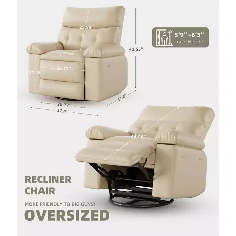 Oversized Rocker Swivel Recliner Chair, Faux PU Leather Manual Recliner with Comfort Arm and Back, Single Sofa Seat for Living Room, Bedroom