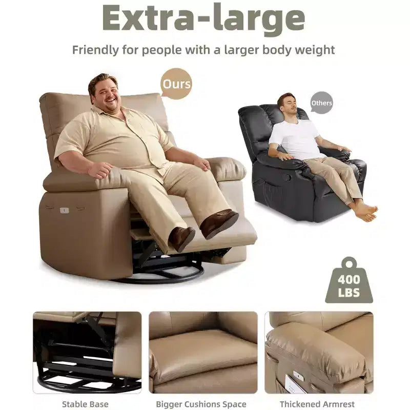 Oversized Rocker Swivel Recliner Chair, Faux PU Leather Manual Recliner with Comfort Arm and Back, Single Sofa Seat for Living Room, Bedroom
