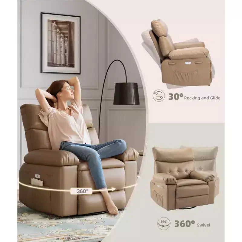 Oversized Rocker Swivel Recliner Chair, Faux PU Leather Manual Recliner with Comfort Arm and Back, Single Sofa Seat for Living Room, Bedroom