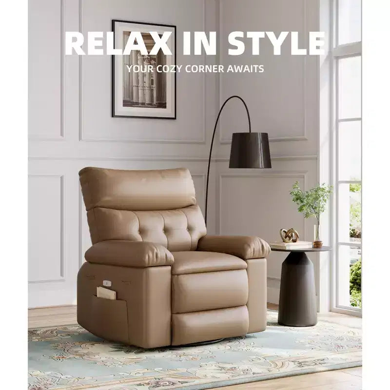 Oversized Rocker Swivel Recliner Chair, Faux PU Leather Manual Recliner with Comfort Arm and Back, Single Sofa Seat for Living Room, Bedroom