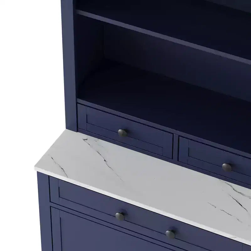 Freestanding Kitchen Pantry Storage Cabinet with Drawers and Shelves, Tall Kitchen Hutch with Faux Marble Top