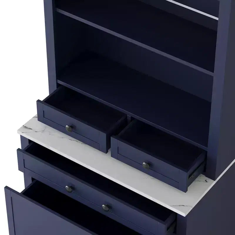 Freestanding Kitchen Pantry Storage Cabinet with Drawers and Shelves, Tall Kitchen Hutch with Faux Marble Top