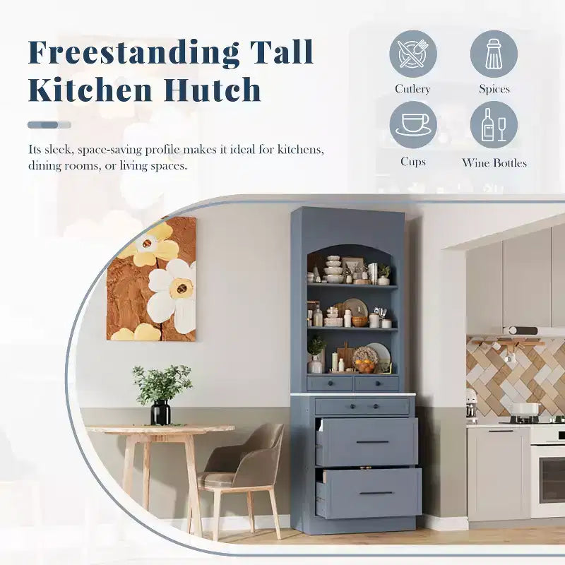 Freestanding Kitchen Pantry Storage Cabinet with Drawers and Shelves, Tall Kitchen Hutch with Faux Marble Top