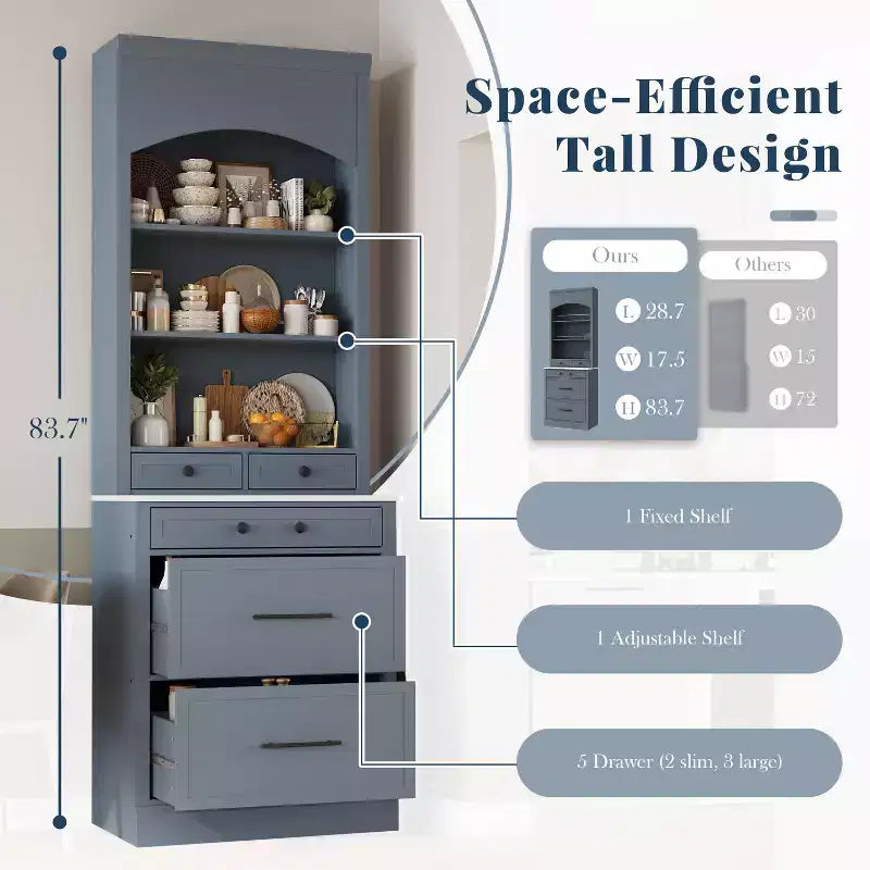 Freestanding Kitchen Pantry Storage Cabinet with Drawers and Shelves, Tall Kitchen Hutch with Faux Marble Top