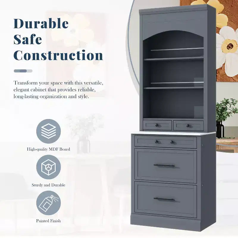 Freestanding Kitchen Pantry Storage Cabinet with Drawers and Shelves, Tall Kitchen Hutch with Faux Marble Top