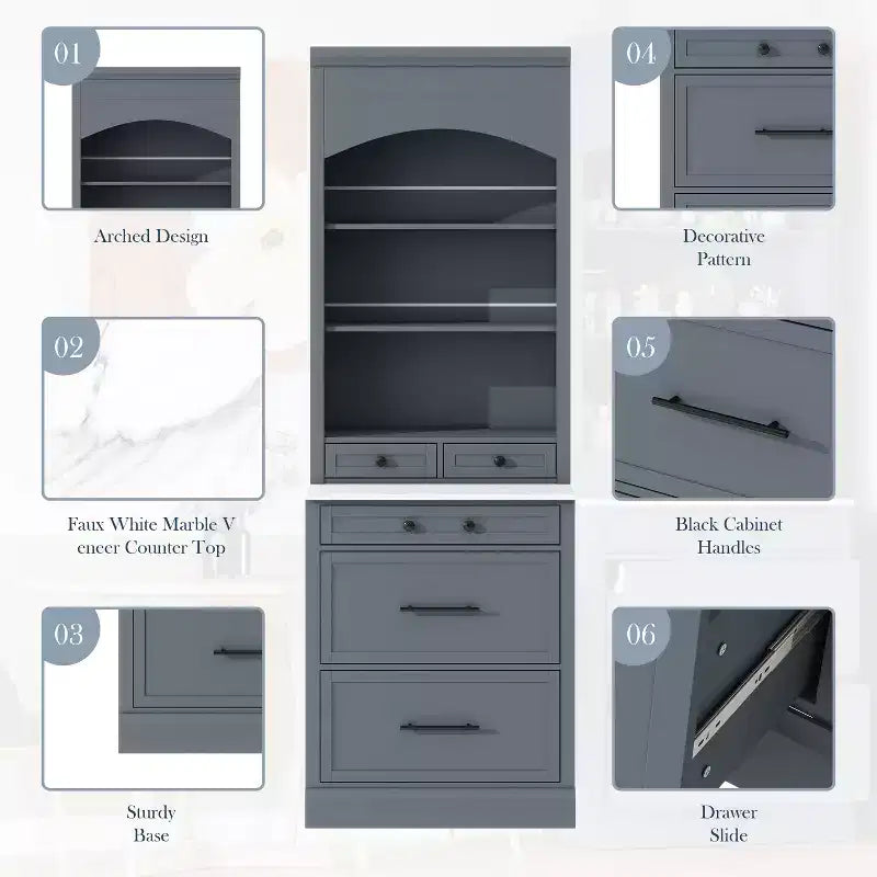 Freestanding Kitchen Pantry Storage Cabinet with Drawers and Shelves, Tall Kitchen Hutch with Faux Marble Top